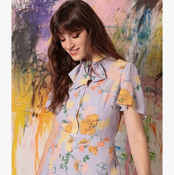 Donna Morgan Floral Printed Short Flutter Sleeve Pleated Skirt Midi Dre… - Picture 2 of 12